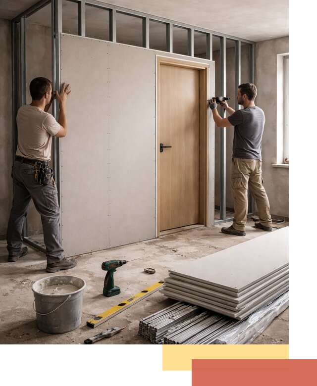 Перегородка из гипсокартона с дверью под ключ в Пятигорске