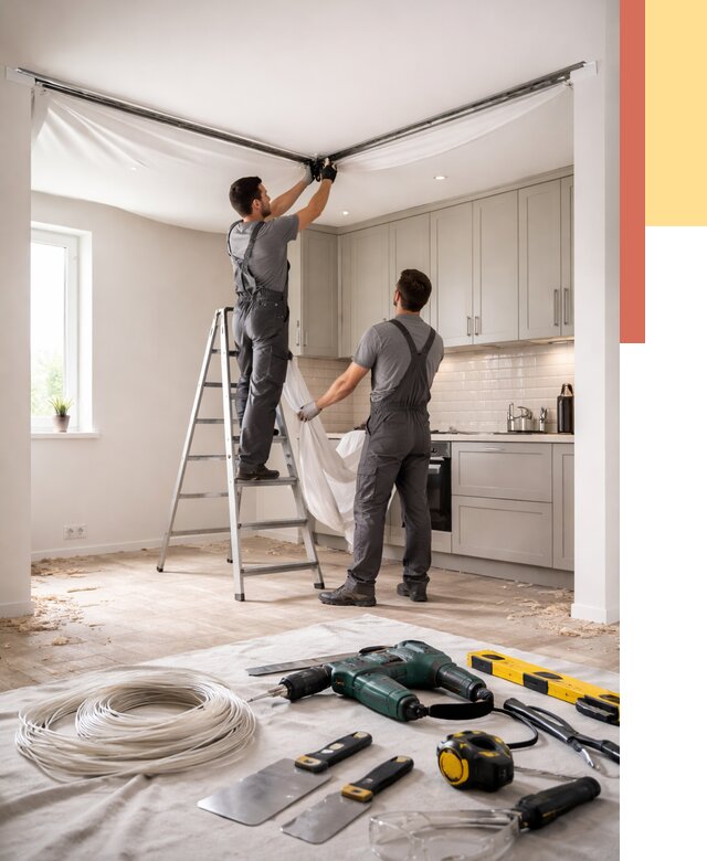 Установка натяжного потолка на кухне в Пятигорске от 2466 руб. | ОТДЕЛОЧНИК-Птг