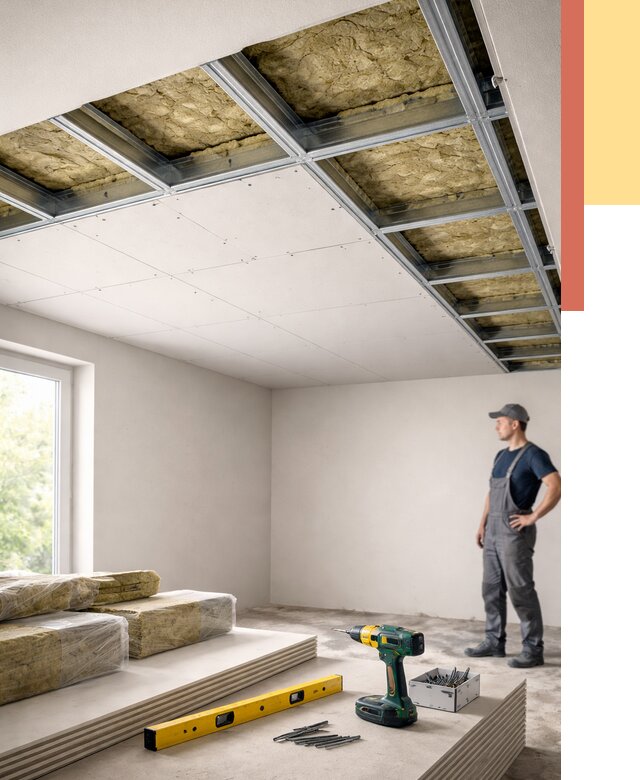 Звукоизоляция потолка ГКЛ в Пятигорске от 976 руб. — монтаж под ключ | ОТДЕЛОЧНИК-Птг