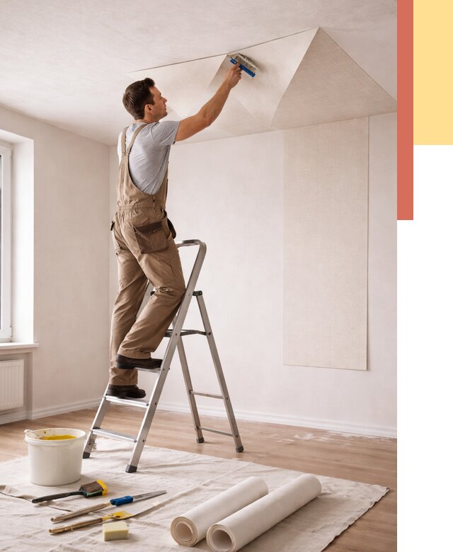 Поклейка обоев на потолок в Пятигорске от 4623 руб. быстро и недорого | ОТДЕЛОЧНИК-Птг